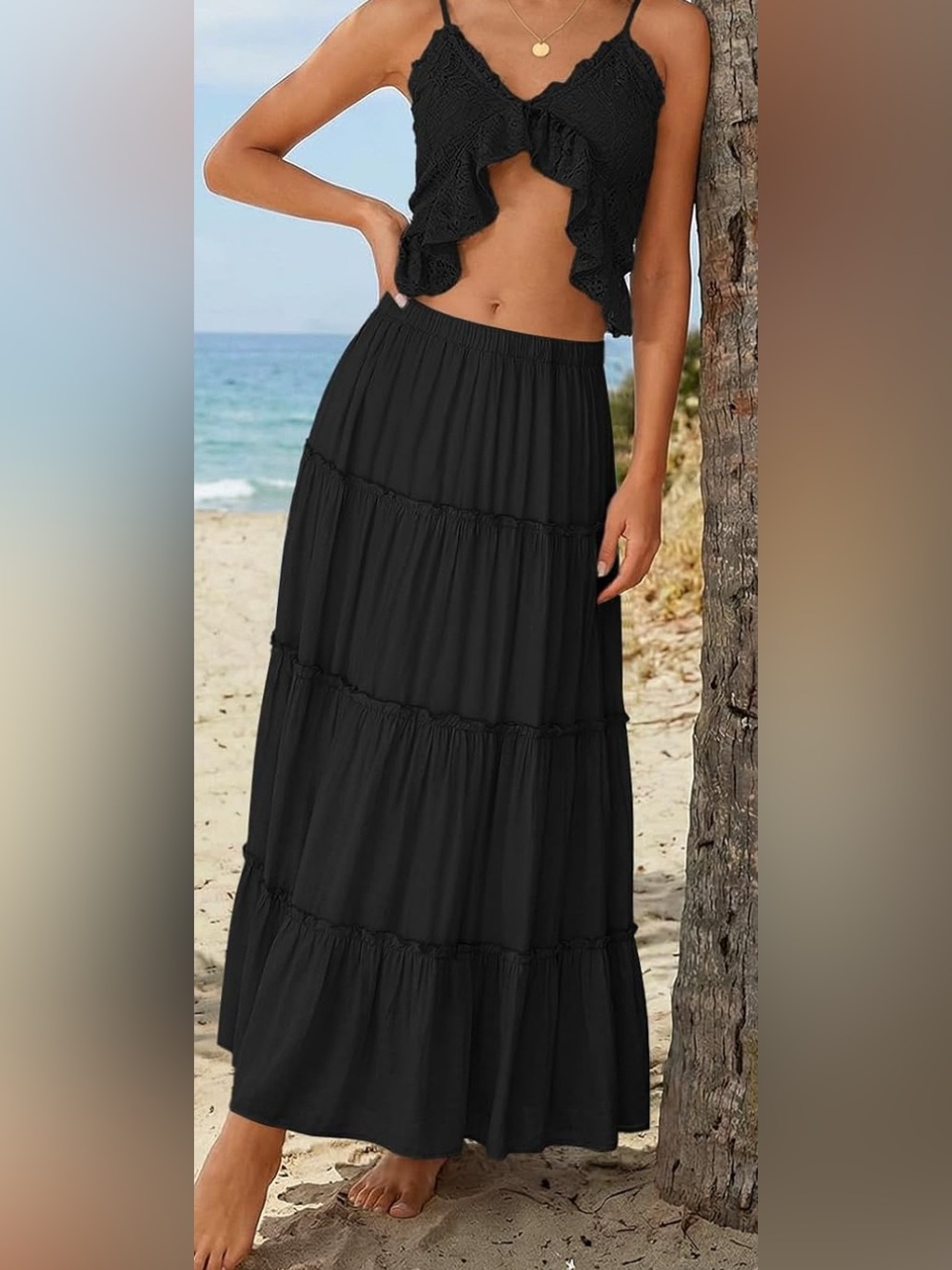 Summer Boho Maxi Skirt Ruffle Hem Pockets